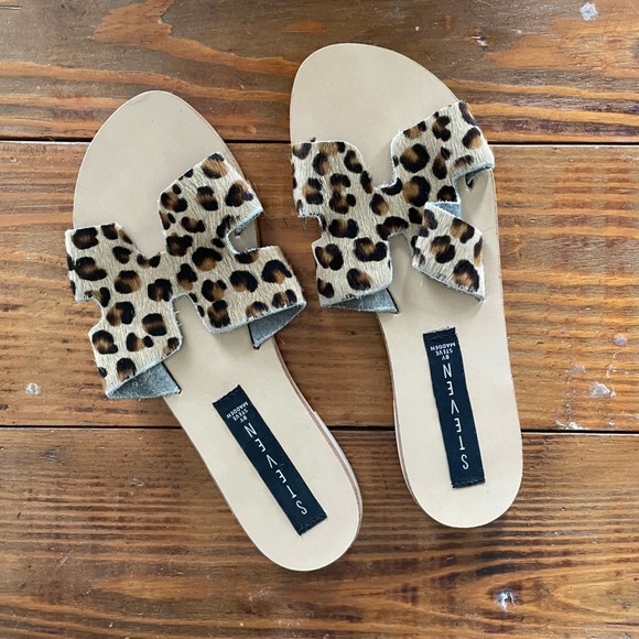 NWOT Steve Madden Greece Cheetah Print Leather Slides Sandals - Picture 2 of 9